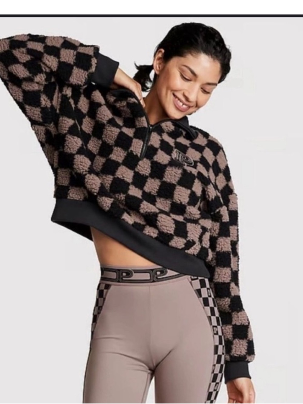 PINK Victoria's Secret Black and Brown Comfy Checkered fleece quarter Zip  Nwt M